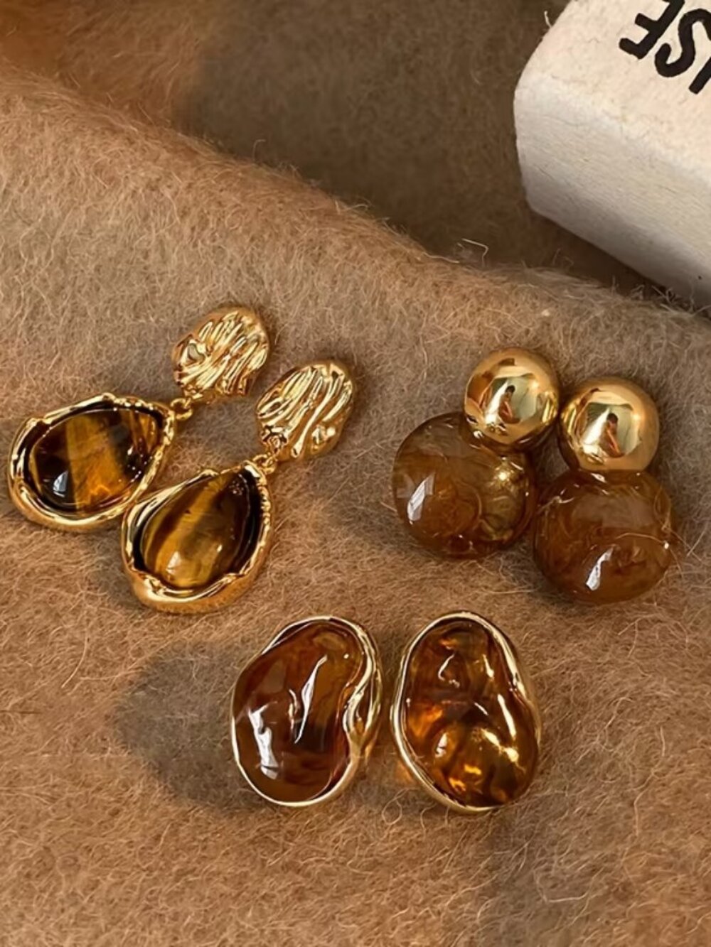 3 Pairs Vintage Brown Resin Tiger Eye Earrings Women Fashion Stud Jewelry Set